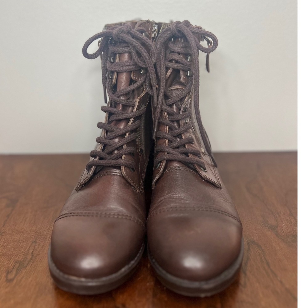 Steve Madden Toga Combat Boot Brown Women's Size 8 Leather Lace Up Side Zip
